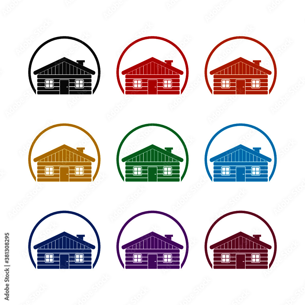 Wood house logo. Cabin log icon, color set