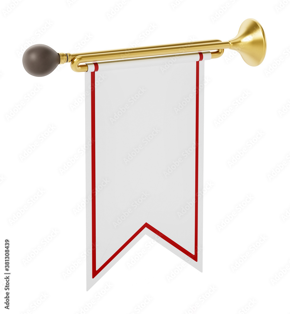 Trumpet with white flag isolated on white background. 3D illustration
