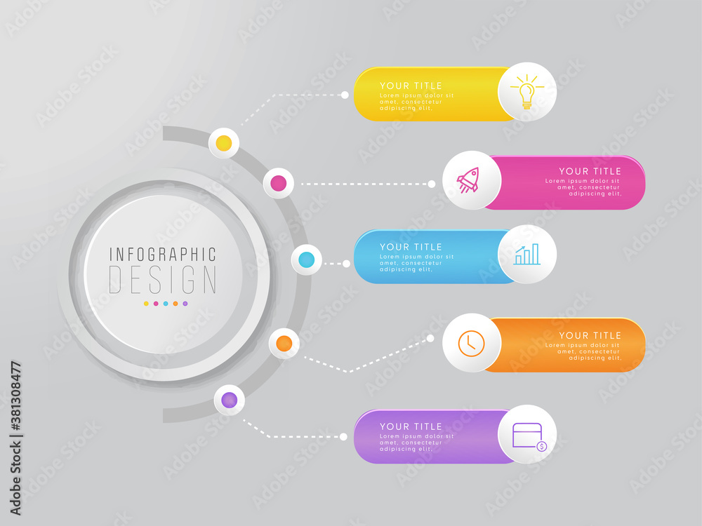 Business Infographic Template Design with Colorful Five Steps. - obrazy, fototapety, plakaty 