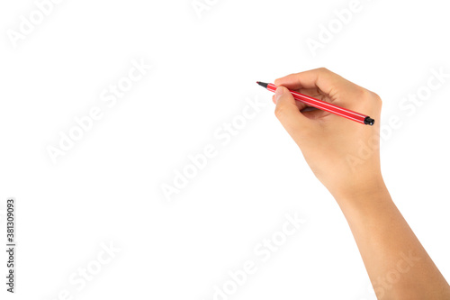 What is writing with a pen in a hand on white background