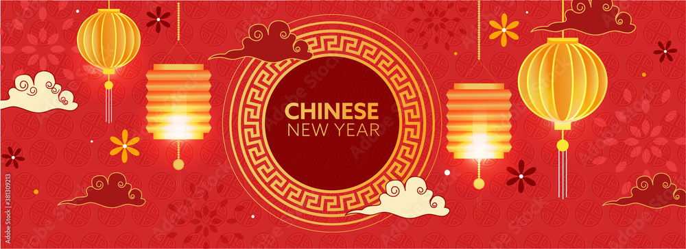 Chinese New Year Header or Banner Design with Hanging Lanterns, Clouds and Flowers Decorated Red Background.