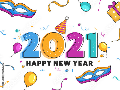 Colorful 2021 Number with Party or Celebration Elements Decorated on White Background for Happy New Year Celebration.