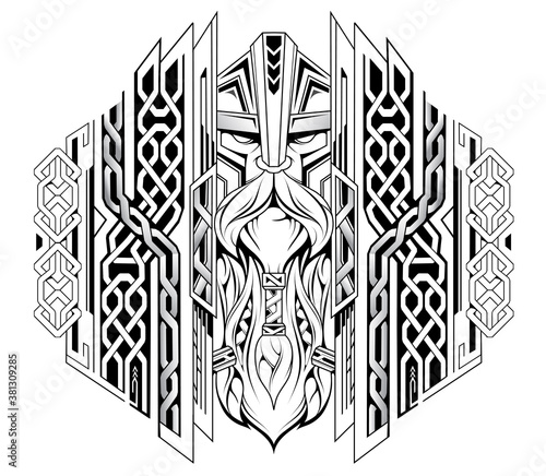 Viking head with ornaments as tattoo illustration