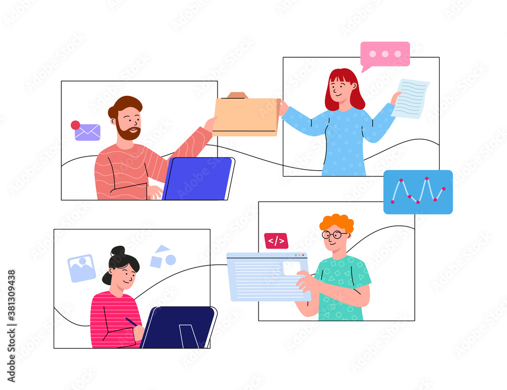 Group of Young People Collaboration Work, Online Meeting, Remote Worker Flat Illustration Concept