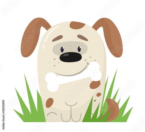 Cute stylized puppy with a bone in his teeth. Vector illustration in flat style.