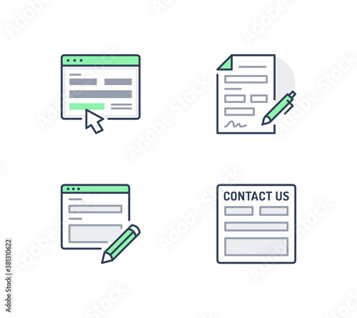Contact us line icons. Vector illustration included icon as registration form, outline pictogram of web page with blank box and pencil. Green color, Editable Stroke