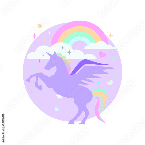 cute purple unicorn cartoon with rainbow and star shape