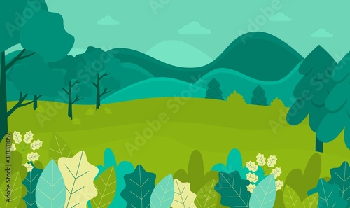 Nature landscape field and mountain forest in spring time.