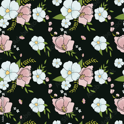 Wildflowers watercolor, seamless paper pattern with abstract flowers, plant and branches. Colorful meadow, illustration on dark green background. 12x12 inches photo