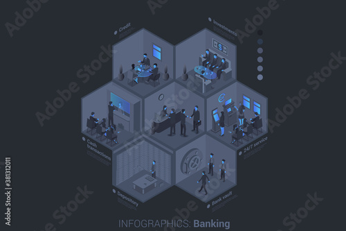 Business People in Bank Isometric Flat black monochrome vector concept. © Sentavio