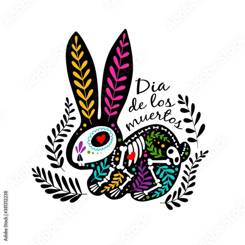 Vector colorful postcard. Dia de los Muertos, Day of the dead or Halloween concept. Rabbit skeleton with floral design, isolated on white background