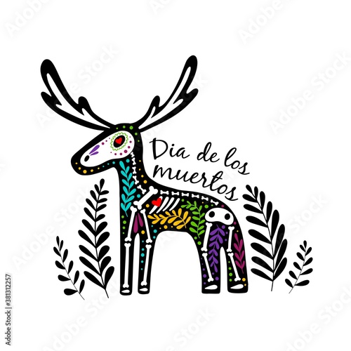 Vector colorful postcard. Dia de los Muertos, Day of the dead or Halloween concept. Moose skeleton with floral design, isolated on white background