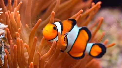 Amphiprion ocellaris clownfish in marine aquarium. Sea anemones and corals in the background. Colorful pattern, texture, panoramic underwater view. Concept art, graphic resources, macro photography photo