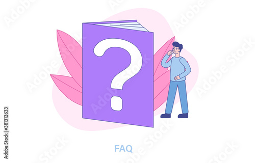 FAQ or Frequently Asked Questions concept. Tiny man standing near an open book with a question mark on the cover. Flat vector illustration.