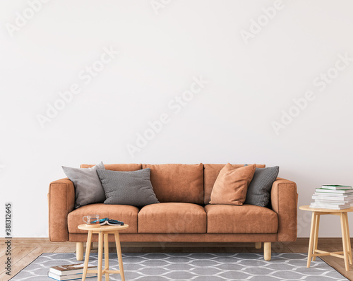 Minimal living room design, orange sofa in empty modern background