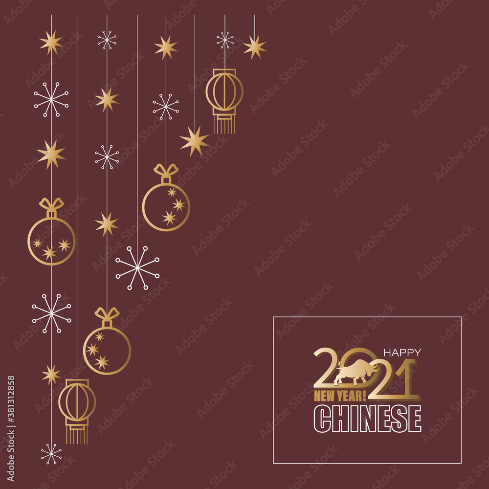 2021. Chinese New Year. Bull festive garland. Vector concept banner, red greeting card. 