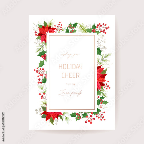 Floral Merry Christmas Poinsettia Flowers, New Year 2021 Card, Pine Wreath, Mistletoe, Holly Berry, Winter plants