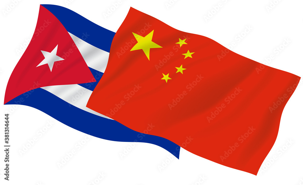 China and Cuba waving flags together, Illustration Image China and Cuba waving flags together, Illustration Image