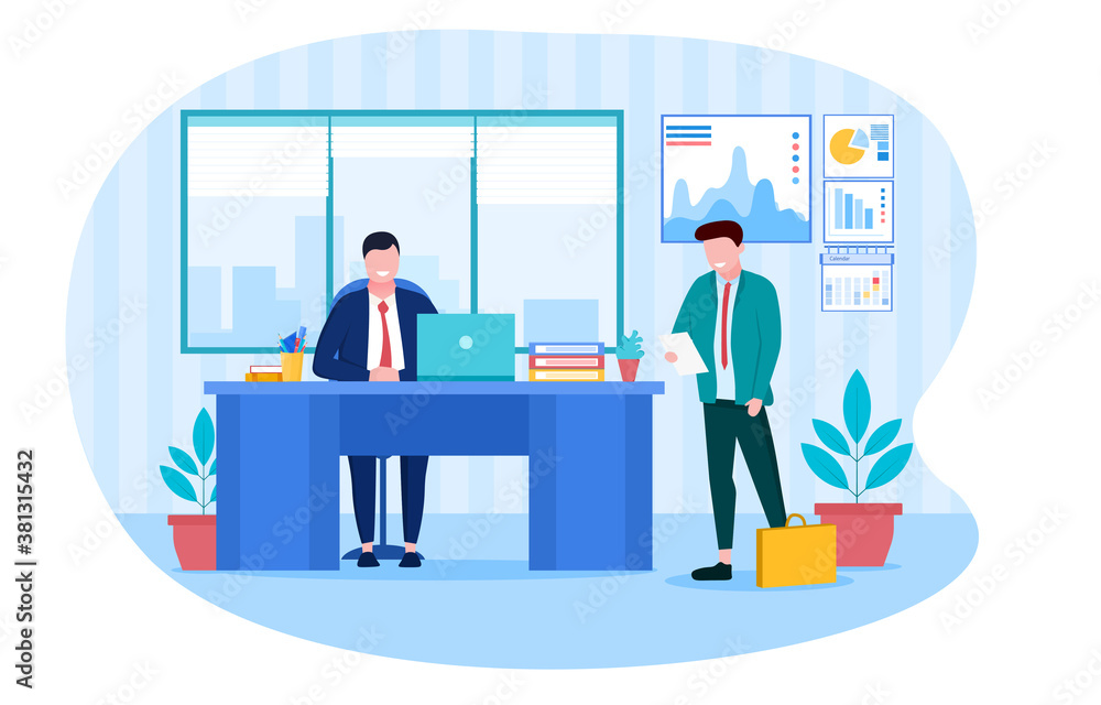 The subordinate came to the boss with a report. Flat colorful vector illustration The subordinate came to the boss with a report. Flat colorful vector illustration