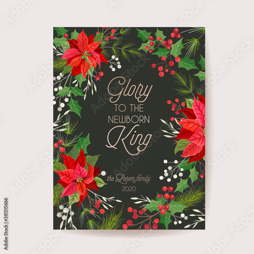 Poinsettia Winter Floral Card, Christmas Vector Wedding Invitation, Holiday Party greeting banner template, Flowers