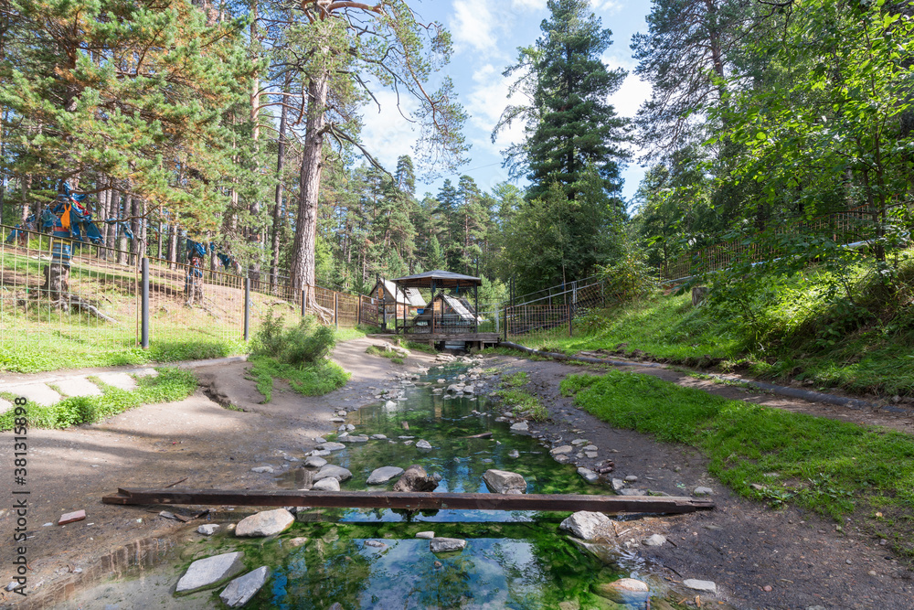 The stream flows from a hot mineral spring. The popular balneological resort of Buryatia, Goryachinsk. Summer The stream flows from a hot mineral spring. The popular balneological resort of Buryatia, Goryachinsk. Summer