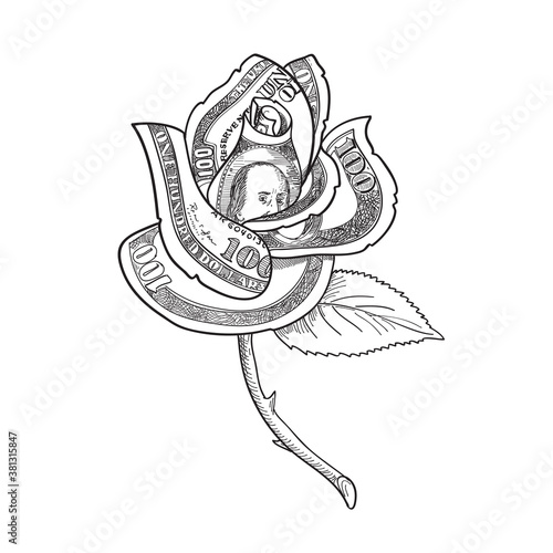 Rose Flower with Money or US One Hundred Dollar Note Bill Printed on Petals Drawing Black and White