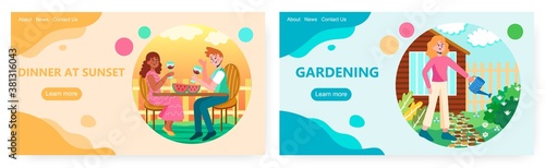 Couple having romantic dinner and drinking wine on sunset. Love and date concept illustration. Vector web site design template. Woman watering flowers in the garden outside house