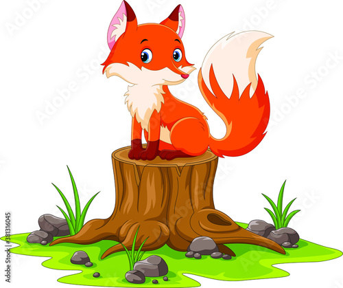 Cartoon happy fox sitting on tree stump photo