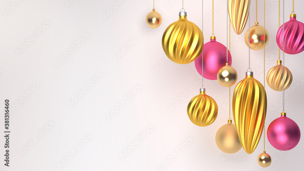 3d rendering Christmas balls in the form of a spiral, gold and pink balls, greeting card holiday christmas and new year.