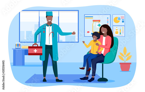 A woman with a child at a pediatricians appointment. Flat vector illustration