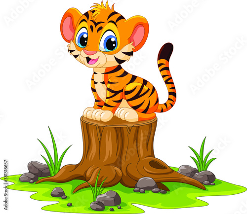 Cartoon happy tiger sitting on tree stump