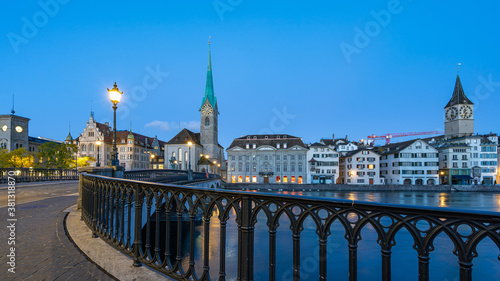 Night view of Zurich city with view of Fraumunster church in Switzerland
