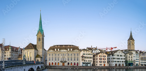 Panorama view of Zurich city skyline with view of Fraumunster church in Switzerland
