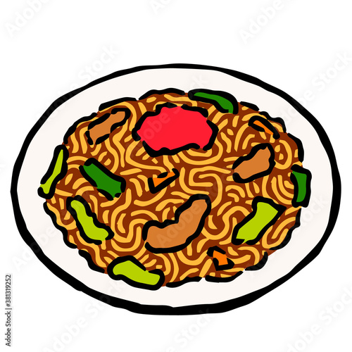 Illustration of Yakisoba: Illustration like woodblock print