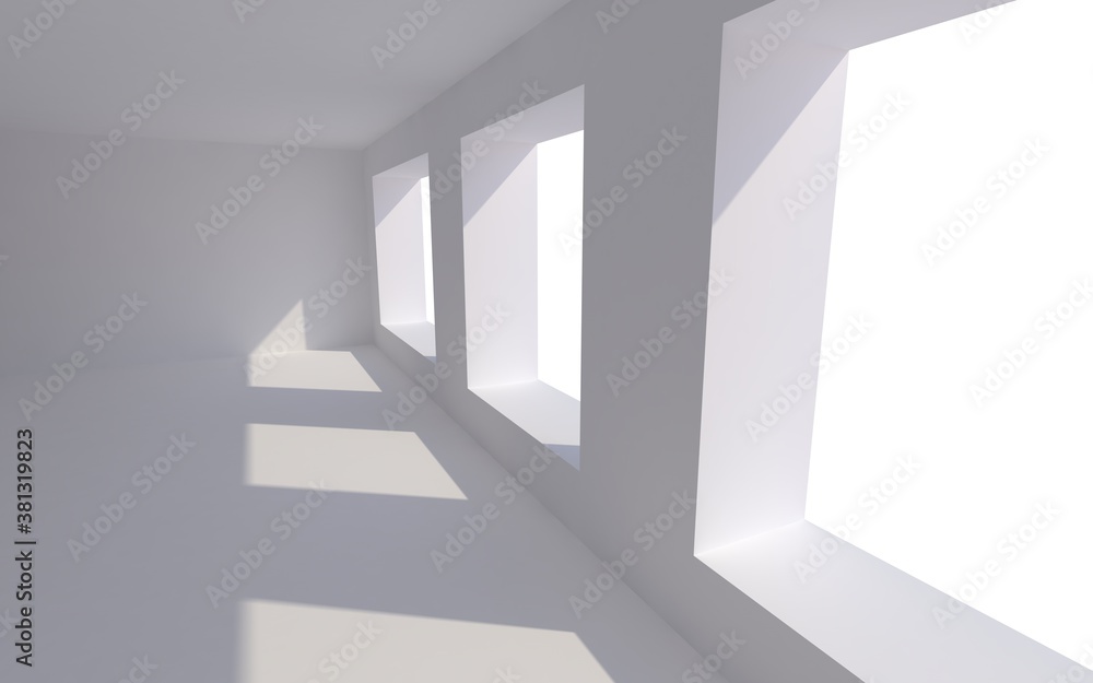 White and empty interior with windows - realistic 3D render White and empty interior with windows - realistic 3D render