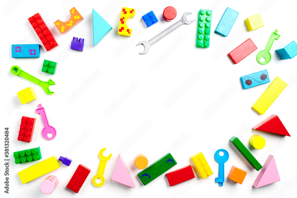 frame made of music accessories for children on white background. top view. copy space. frame made of music accessories for children on white background. top view. copy space.