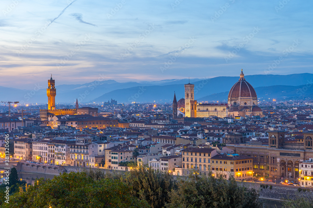 View of Florence city skyline at twilight in Tuscany, Italy