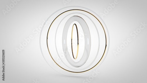 Glass and gold rings, 3D rendering illustration