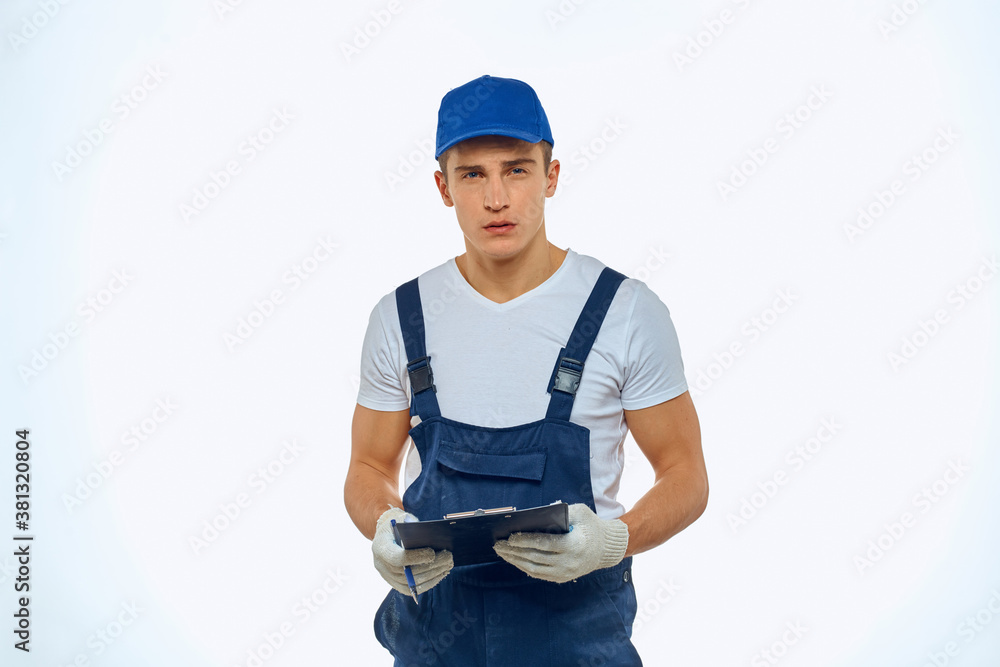 Working man in uniform documents delivery service courier Working man in uniform documents delivery service courier