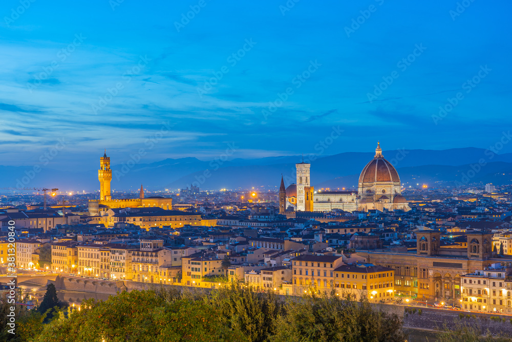 View of Florence skyline at night with view of Duomo of Florence in Tuscany, Italy