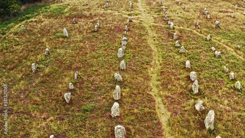 Aerial view of Kerlescan stones. The Carnac stones are the largest collection of megalithic standing stones in the world. Kerlescan is one of the many sites around Carnac with this standing neolithic 