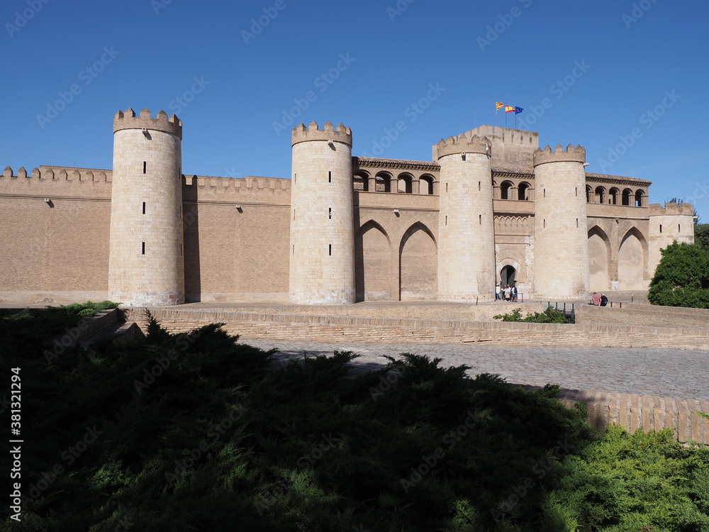 Monumental palace in european Saragossa city at Aragon district in Spain, clear blue sky in 2019 warm sunny summer day on September.