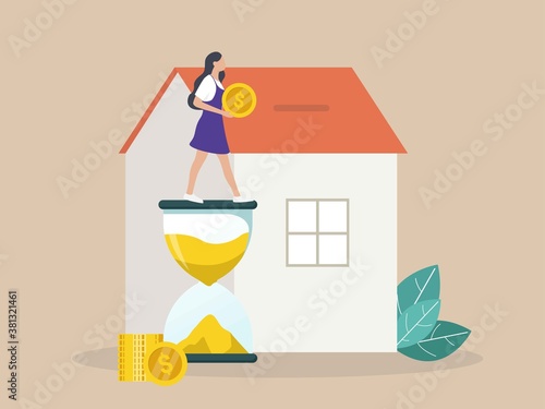 Buying house in debt isolated flat vector illustration. Abstract young female investing money in property. Mortgage loan, ownership and savings concept