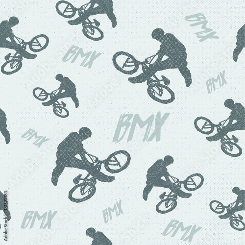 seamless pattern bmx bicycle silhouettes and text vector