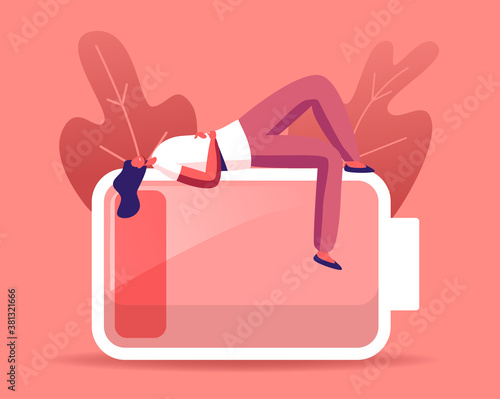 Tired or Haggard Businesswoman Character Lying on Huge Battery with Low Red Charging Level. Overload Employee Stress