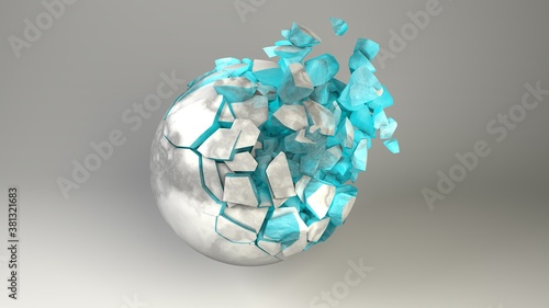 3D rendered broken sphere with turquoise inside