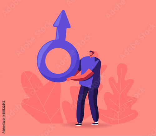 Masculinity, Man and Testosterone Concept. Tiny Male Character Hold Huge Mars Symbol. Hormonal Disease Diagnostics