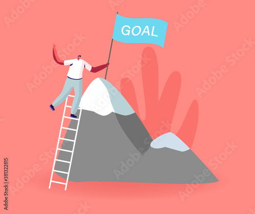 Male Take New Height. Business Man Climbing on High Mountain. Businessman Stand on Ladder, Set Up Goal Flag on Rock Peak