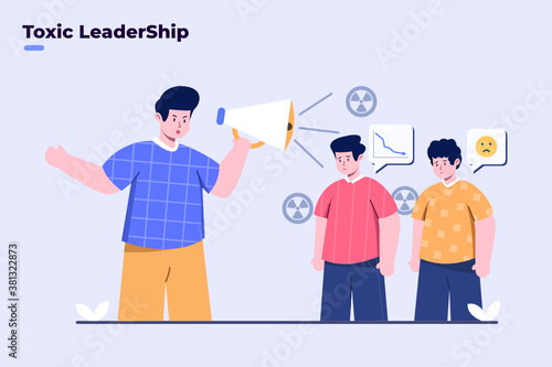 Illustration toxic leadership With Leader Boss using megaphone to command employee roughly. Its Impact employees down productivity and don't like leader. Bad attitude leader, conflict on business team