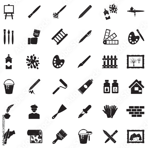 Drawing And Painting Icons. Black Flat Design. Vector Illustration.